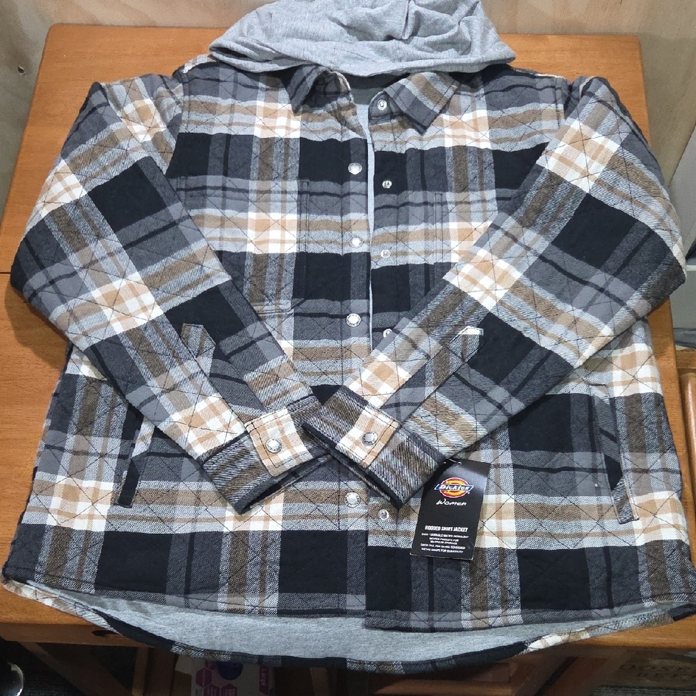 Dickies Women's Black, Gray, and Tan Plaid Hokded Flannel Shirt Jacket NWT
